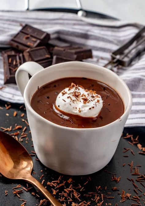 This Italian Hot Chocolate or Cioccolata Calda is a thick and creamy chocolate drink that has minimal ingredients, is comforting and easy and quick to make. #chocolate #hotchocolate #drinks #comforting #creamy #rich #tasty #recipe #delicious #yummy Rich Hot Chocolate Recipe, Italian Hot Chocolate Recipe, Pumpkin Hot Chocolate, Italian Hot Chocolate, Gingerbread Hot Chocolate, Chocolate Aesthetic, Chocolate Gravy, Salted Caramel Hot Chocolate, Italian Drinks