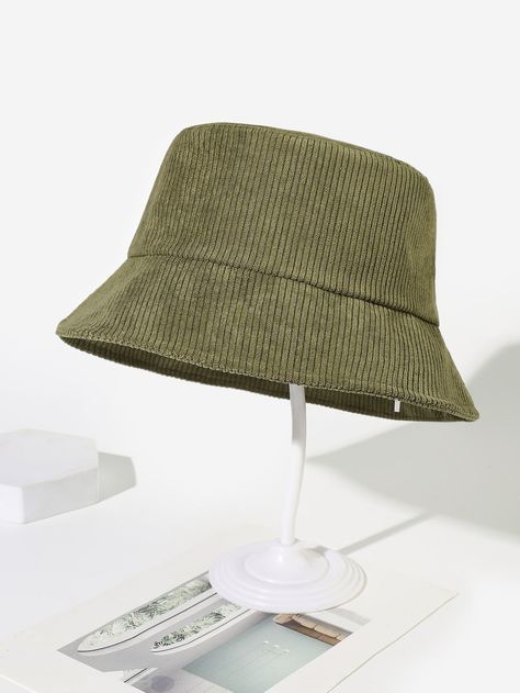 Army Green Casual Collar  Corduroy Plain Bucket Hat Embellished   Women Accessories Green Corduroy Bucket Hat, Corduroy Accessories, Green Bucket Hat, Golf Room, Corduroy Bucket Hat, Bucket Cap, Rose Shirts, Sun Protection Hat, Fisherman Hat