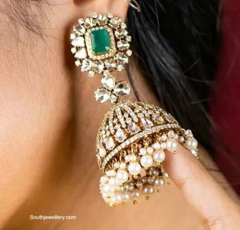 Victorian polki jhumkas photo Victorian Buttalu, Polki Earrings Jhumkas, Ornate Ceremonial Jhumkas With Tilla, Victorian Jewelry Indian Earrings, Ornate Tilla Jhumkas For Diwali, Ornate Wedding Jhumkas, Polki Jhumkas, Victorian Jumkas, Diamond Buttalu