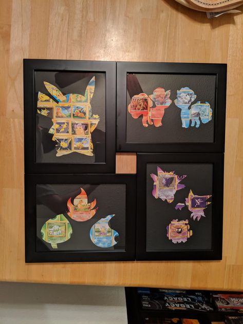 Card Cutouts Pokemon Cards Decorations, Pokemon Card Collage, Pokemon Card Decor, Pokemon Card Art Ideas, Pokemon Card Art Diy, Pokemon Card Diy, Pokémon Card Art, Pokemon Cricut Projects, 3d Pokemon Cards