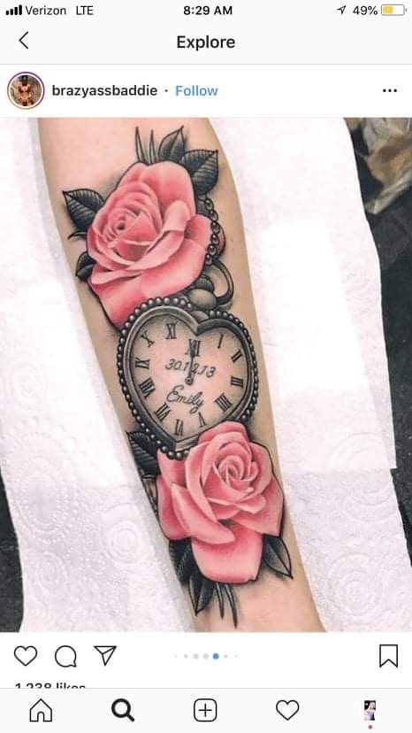 Rose And Watch Tattoo, Pocket Watch Tattoo Design, Clock And Rose Tattoo, Tatuaje Cover Up, Watch Tattoo Design, Mangas Tattoo, Rose Tattoo Forearm, Pocket Watch Tattoos, Pink Rose Tattoos