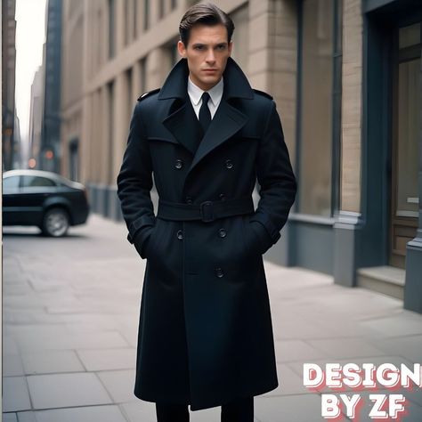 Men’s Peacoat, Trench Coat Men Aesthetic, Men In Black Suits, Men Trench Coat, Black Coat Outfit, Trench Noir, Black Coat Men, Kings Movie, Coat Elegant