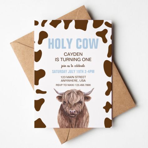 Holy Cow I'm One blue Plaid Birthday Invitation - Birthday Invitation Farm Birthday Party Invitations, 1st Birthday Boy Themes, Cow Watercolor, 82nd Birthday, Birthday Watercolor, Cow Birthday, Farm Animal Birthday, Birthday Cheers, Farm Birthday Party