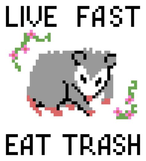 Cross Stitch Designs Meme, Opossum Pixel Art, Opossum Cross Stitch, Possum Pixel Art, Possum Cross Stitch, Pixel Pattern Crochet, Cross Stitch Patterns Funny, Crochet Pixel Grid, Pixel Crochet Pattern