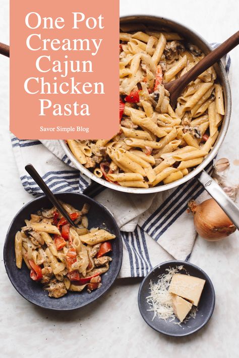 This One Pot Cajun Chicken Pasta is creamy, savory, spicy, and packed with veggies. Parmesan cheese and evaporated milk combine to make a thick, luscious sauce for a creamy cajun chicken pasta no heavy cream in sight! #cajunchickenpasta #creamypasta #onepotmeals #onepotpasta #weeknightmeals #healthycooking #realfood Cajun Cream Sauce Pasta, Creamy Cajun Chicken Alfredo Pasta, One Pot Creamy Cajun Chicken Pasta, One Pot Cajun Chicken Pasta, Creamy Cajun Chicken And Sausage Alfredo Pasta, Cajun Chicken Pasta No Cream, Creamy Cajun Chicken Pasta, Ground Beef Pasta Recipes, Creamy Cajun Chicken