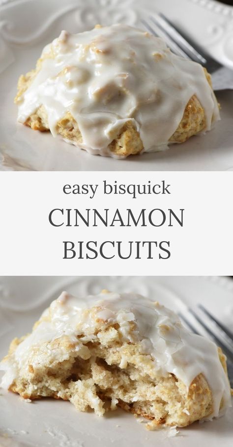 whole cinnamon biscuit on white plate with fork, Bisquick cinnamon biscuit sliced in half on white plate with fork Banana And Bisquick Recipes, Cake Flour Biscuits, Bisquick Sweet Biscuits, Bisquick Cinnamon Biscuits, Breakfast Ideas With Bisquick, Breakfast With Bisquick, Breakfast Recipes With Canned Biscuits, Bisquick Desserts Easy, Things To Make With Bisquick