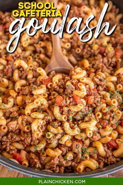 School Cafeteria Goulash - a classic dish from your childhood lunchroom. Tender pasta simmered in a rich ground beef and tomato-based sauce that is ready in under 30 minutes! Comfort food at its best! Ground beef, onion, tomato paste, diced tomatoes, beef broth, pepper, garlic, chili powder, cumin, paprika, macaroni noodles, and cheese. Great for a quick weeknight meal or a potluck. Everyone LOVES this pasta! School Cafeteria Food, Easy Goulash Recipes, School Lunch Recipes, Cafeteria Food, Goulash Recipes, Plain Chicken, Beef Casserole Recipes, School Cafeteria, Lunch Room