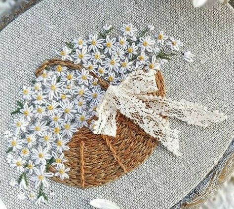 Embroidered Basket Of Flowers, Flower Basket Embroidery, Embroidered Basket, Primitive Stitchery, Farm Quilt, Miniature Embroidery, Redwork Embroidery, Hand Embroidery Kit, Hand Embroidery Projects