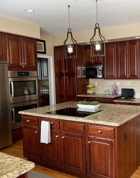 Painting Traditional Kitchen Cabinets, Dark Cabinets To White Before And After, Cherry Kitchen Cabinets Redo, Traditional Kitchen Makeover, Painted 2000s Kitchen Cabinets, Updating Traditional Kitchen Cabinets, Painted Traditional Cabinets, Updating Brown Kitchen, Cherry Cabinet Update