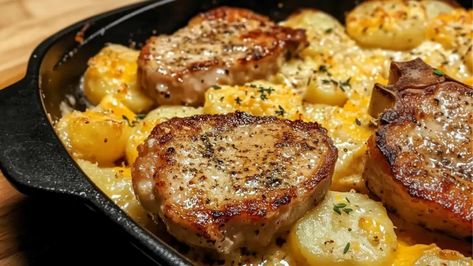 Tender Garlic Parmesan Pork Chops with creamy Cheesy Scalloped Potatoes – a comforting, delicious, and easy-to-make meal perfect for any weeknight dinner. Garlic Parmesan Pork Chops With Scalloped Potatoes, Garlic Parmesan Pork Chops And Cheesy Scalloped Potatoes, Garlic Parmesan Pork Chops And Potatoes, Garlic Parmesan Pork Chops, Cheese Pork Chops, Cheesy Scalloped Potatoes Recipe, Beef Chops, Parmesan Pork Chops, Cheesy Scalloped Potatoes