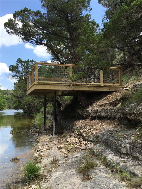 Cantilever Deck Deck Hanging Over Cliff, Suspended Deck Ideas, Cantilever Deck Hillside, Deck Over Creek, Deck On Stilts, Cantilever Deck Over Water, Deck On Hillside, Deck On Slope, Cantilevered Deck