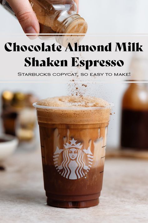 Chocolate Almond Milk Shaken Espresso, Almond Milk Shaken Espresso, Oat Shaken Espresso, Starbucks Drinks At Home, Espresso Making, Homemade Chocolate Syrup, Iced Chocolate, Shaken Espresso, Chocolate Almond Milk