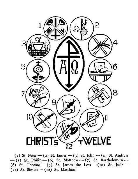 Symbols Of The 12 Apostles, 12 Disciples, Catholic Tattoos, Catholic Symbols, Acts 2, Catholic Homeschool, 12 Apostles, Catholic Education, Yoko Saito