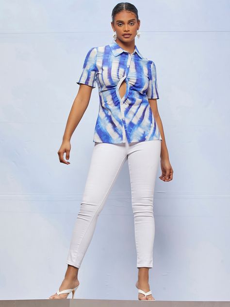 Blue and White Sexy  Short Sleeve Cotton Tie Dye Shirt Embellished Non-Stretch Summer Women Tops, Blouses & Tee Tie Dye Shirt, Dye Shirt, Women Blouses, Women Tops, Sleeve Cotton, Single Breasted, Summer Women, White Jeans, Blouses For Women