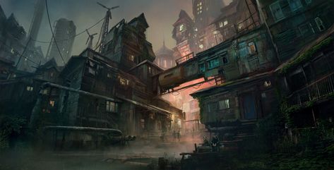 Evening. Slums environment concept., Sergey Vasnev on ArtStation at https://www.artstation.com/artwork/Bmakar Rpg Map, Landscape Concept, Concept Art Character, Inspirational Artwork, Environment Concept Art, Environmental Art, Sci Fi Fantasy, New Artists, Fantasy World