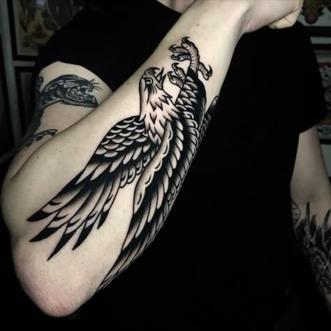 Black And Gray Traditional Tattoo Sleeve, Black And Grey Eagle Tattoo, Black Tattoos Men, Eagle Forearm Tattoo, Eagle Tattoo Traditional, American Traditional Eagle Tattoo, Anthony Tattoo, Tattoo Sleeve Themes, Eagle Tattoo Forearm