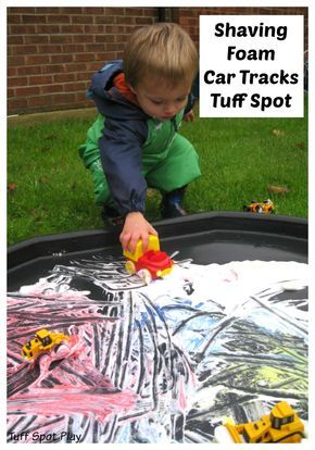 Shaving Foam Car Tracks Tuff Spot. Use shaving foam and paint to see colour mixing in action. A messy tuff spot activity. Tuff Tray Ideas Toddlers, Tuff Spot, Shaving Foam, Eyfs Activities, Nursery Activities, Colour Mixing, Transportation Theme, Tuff Tray, Baby Black