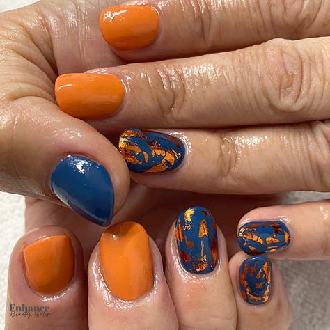 Navy And Orange Nails Design, Blue And Orange Dip Nails, Blue And Orange Nail Art, Burnt Orange And Navy Nails, Blue And Orange Gel Nails, Navy Orange Nails, Dark Blue And Orange Nails, Navy Blue And Orange Nails, Turquoise And Orange Nails