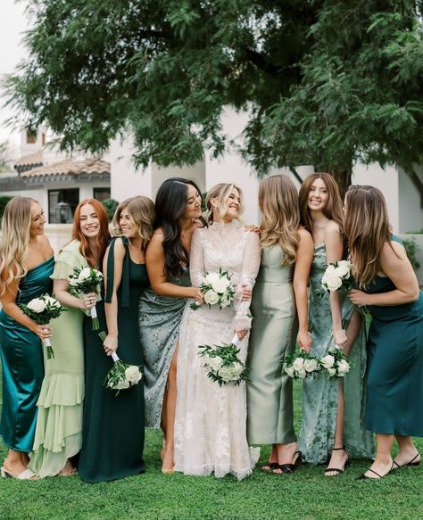 Bridesmaid Dress Color Schemes, Wedding Color Pallet, Summer Bridesmaid Dresses, Bridesmaid Colors, Mismatched Bridesmaids, Mismatched Bridesmaid Dresses, Green Bridesmaid, Fantasy Wedding, Bridesmaid Dress Colors