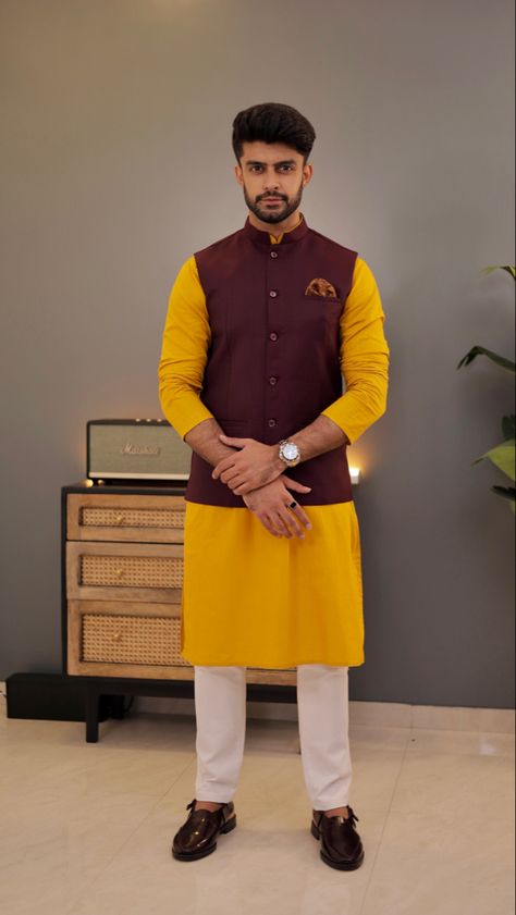 One of my color combinations for Haldi function ✨ Kurta Combinations For Men, Kurta For Haldi Function Men, Haldi Ceremony Outfit For Men, Indian Wedding Suits Men, Ceremony Outfit, Haldi Ceremony Outfit, Nehru Jacket For Men, Yellow Kurti, Haldi Function