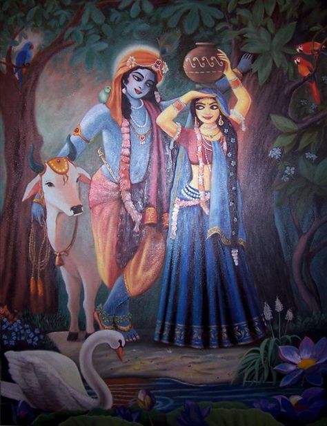 Radha Krishna Radha Krishna With Cow Painting, Srikrishna Krishna Radha, Krishna With Cow Paintings, Sri Krishna Radha, Beautiful Radha Krishna Images, Radha Krishna With Cow, Radha Krishna Paintings, Radhakrishna Painting, Krishna With Cow