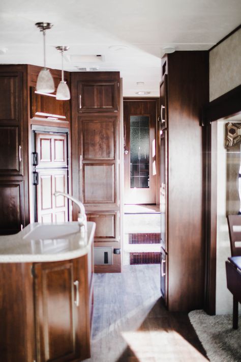 RV TOURS: This 2015 Keystone Cougar was transformed into beautiful home on wheels by @uncommonfarmer #rvrenovation #RVtour #RVinteriors #RVmakeover #campermakeover #fifthwheel #5thwheel #DIYRV #keystonecougar #camperremodel #rvinterior #rvmakeover #camperrenovations #rvinspiration #modernRV #rvdesign #rvingwithkids #rvreno #rv #glamping #glamper #customcamper #customRV #wanderfulrvinteriors #wanderfulrenovations Rv Glamping, Rv Interior Design, Custom Bunk Beds, Rv Interior Remodel, Dining Room Light Fixture, Rv Makeover, Home On Wheels, Rv Renovations, Cherry Cabinets