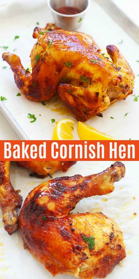 Glazed Cornish Hen Recipe, Baked Cornish Hen, Bake Cornish Hen Recipe, Cornish Hen Recipes, Baked Cornish Hens, Cooking Cornish Hens, Hen Recipes, Game Hen Recipes, Cornish Game Hen Recipes