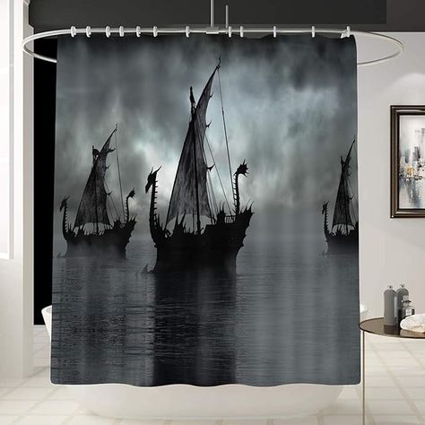 Amazon.com: Norse Decor Vikings Ship Shower Curtain Liner, Fantasy Boat Art Black and White Color Sailing Dragon Ship Curtain for Bathroom/Washroom with 12 Hooks Waterproof,Gift for Man/Girl/Woman 70x 70 Inches : Home & Kitchen Fantasy Boat Art, Pirate Bathroom Decor, Living Room Window Decor, Pirate Bathroom, Waffle Weave Shower Curtain, Pirate Boats, Modern Boho Decor, Gold Wall Decor, Boat Print