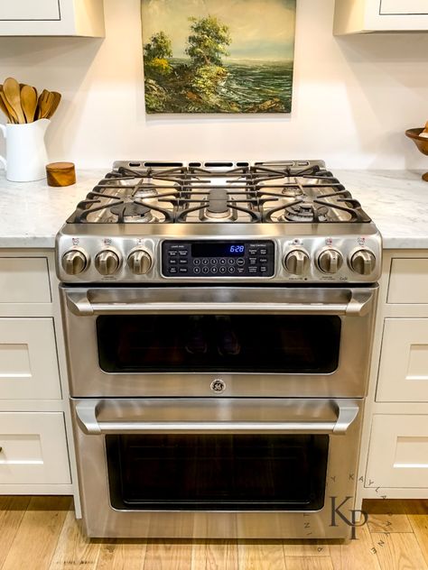 Revere Pewter Kitchen Cabinets - Painted by Kayla Payne Revere Pewter Kitchen Cabinets, Pewter Kitchen Cabinets, Revere Pewter Cabinets, Pewter Cabinets, Revere Pewter Kitchen, Pewter Kitchen, Ge Cafe Appliances, Benjamin Moore Grey Owl, Gas Range Double Oven