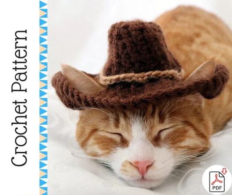 This fun Crochet Cowboy Hat Pattern can be crocheted with Chunky Weight Yarn [5] and a 4.5 mm (G) crochet hook. This pattern is recommended for advanced beginners or intermediate crocheters. Cat Cowboy Hat, Crochet Cowboy Hats, Cowboy Hat Pattern, Cat Cowboy, Cat Hat Pattern, Kat Haken, Cowboy Hat Design, Sombrero Hat, Crochet Cat Hat