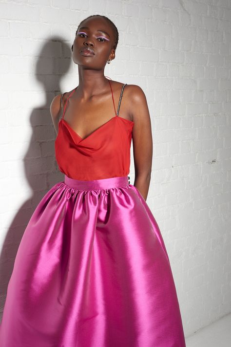 Adual in our Clara Camisole in Red and our Bianca Taffeta Skirt in Pink Outfit Ideas 2024, Taffeta Skirt, Puffy Skirt, New Outfit Ideas, Sparkly Top, So Fetch, Pink Skirt, Red Top, Skirt Outfit