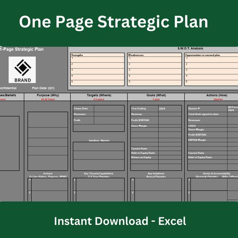 One Page Strategic Plan template to help grow your business and make a profitable path forward. Gathering all information on one page helps to align the focus on the strategy plan for executives and managers to follow through. This simple strategy plan template and SWOT analysis will provide the foundation for future growth in your organization. You will receive One (1) excel file which can be printed, or modified within the document. Strategic Planning Template, Strategy Template, Company Goals, Strategic Plan, Planning Template, Key Performance Indicators, Swot Analysis, Goal Planning, Plan Template