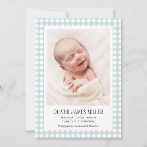 $2.73 | Blue Gingham Baby Birth Announcement Photo Card #baby #birth #birthannouncement #newbaby #welcome #elegant #boy #blue #gingham #spring Baby Birth Announcement Photos, Holiday Birth Announcement, Birth Announcement Cards, Unique Baby Announcement, Birth Announcement Photos, Birth Announcement Boy, Baby Announcement Cards, Birth Announcement Girl, Birth Announcement Card