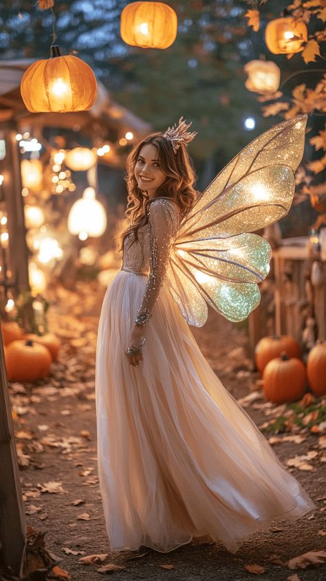 photo of a whimsical and lighthearted Halloween costume for women, featuring one woman dressed as a fairy. She wears a soft pastel dress with delicate wings and sparkling accessories. She’s standing in a cozy outdoor fall setting, surrounded by pumpkins, glowing lanterns, and scattered leaves, with the warm ambiance of a festive Halloween gathering in the background. Fairy Costume Ideas For Women, Fairy Costume Ideas, Halloween Costume For Women, Costume Ideas For Women, Duo Costumes, Mom Lifestyle, Costume For Women, Pastel Dress, Cozy Outdoor