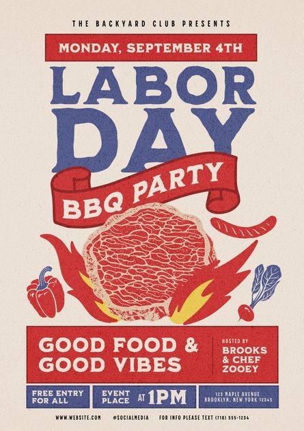 Kittl flyer template for your Labor Day BBQ party event promotion. Available to edit and use in Kittl. Creative Campaign Ideas Posters, Block Party Flyer Ideas, Bloc Party Poster, Labor Day Graphic, Event Promotion Design, Bbq Poster Design, Block Party Poster, Bbq Vibes, Labor Day Bbq