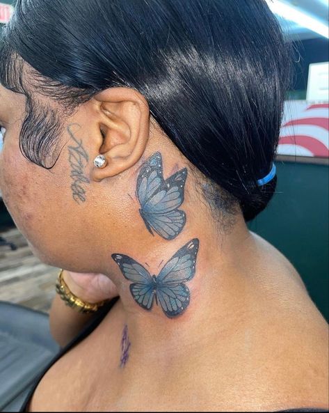 Neck Cover Up Tattoos For Women, Butterfly Neck Tattoos Women, Big Neck Tattoos Women, Bookish Tattoo Ideas, Neck Tats Women, Butterfly Tattoo On Neck, Tattoo Ideas Dainty, Butterfly Tattoo Neck, Neck Tattoo Cover Up