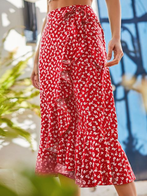 SHEIN Frenchy Ditsy Floral Print Ruffle Trim Tie Side Skirt | SHEIN USA Red Summer Skirt, Red Floral Skirt Outfit, Red Skirt Outfit, Printed Skirt Outfit, Floral Skirt Outfits, Red Floral Skirt, Floral Wrap Skirt, Girls Party Wear, Printed Long Skirt