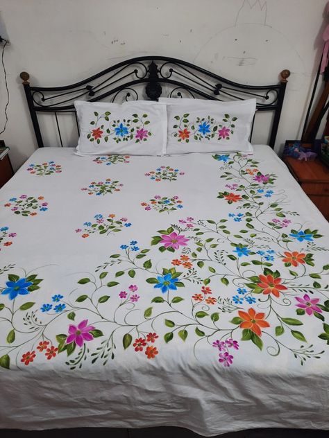 It's a beautiful handpainted cotton Double bed sheet with pillow covers.. Bedsheets Aesthetic, Aesthetic Bedsheets, Bed Sheet Painting Design, Fabric Paint Shirt, Bed Cover Design, Designer Bed Sheets, Embroidered Duvet Cover, Painted Beds, Fabric Paint Diy