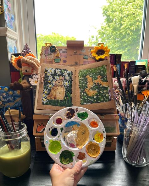 Living the cottagecore dream. 🐥🐰☁️🌻🌼✨ • • • [cottagecore, cottagecore aesthetic, acrylic artwork, acrylic painter, duck painting, bunny art] • • #AcrylicArtwork #AcrylicPainter #vanGoghInspired #ArtWithTash #DuckPainting #BunnyArt #CottagecoreStyle Cottagecore Artist Aesthetic, Cottagecore Aesthetic Modern, Art Ho Aesthetics, Cottagecore Art Style, Painting Hobby Aesthetic, Art Hobby Aesthetic, Cottagecore Hobbies, Painter Aesthetics, Crafting Aesthetic