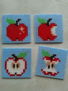 Apple coasters hama perler beads by Paula Plenty of Presents Hama Beads Coasters, Hamma Beads Ideas, Easy Perler Beads Ideas, Fuse Bead Patterns, Coaster Designs, Hama Beads Design, 8bit Art, Diy Perler Bead Crafts, Perler Crafts