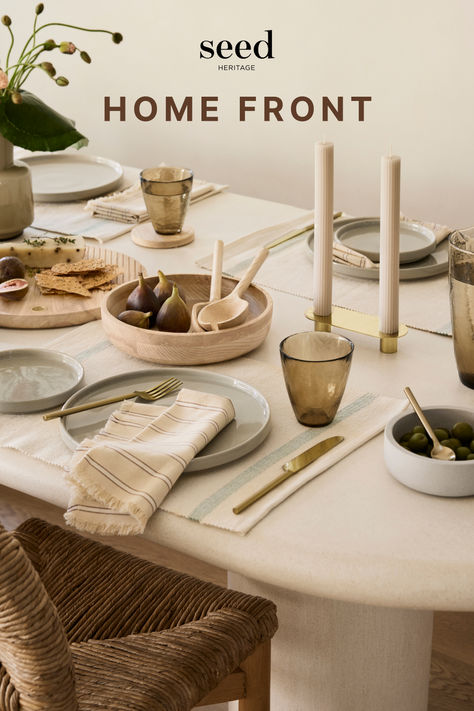 Give your dining table a new-season refresh Modern Table Setting Everyday, Ribbed Candles, Striped Bath Towels, Australian Food, Printed Tea Towel, Selling Candles, Summer Tables, Dining Nook, Tea Towel Set