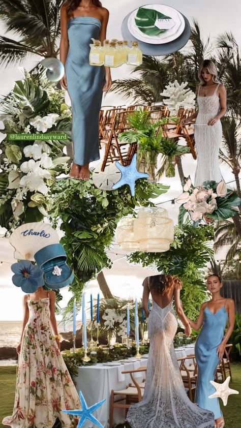 @laurenlindsayward beach wedding🌊🐚 #ocean #oceanaesthetic #beach #wedding #blue #green #inspo #summer #dreamy Light Blue Tropical Wedding, Eclectic Beach Wedding, December Beach Wedding, Blue Tropical Wedding, Tropical Wedding Color Palette, Green Beach Wedding, Beach Wedding Color Palette, Ocean Front Wedding, Seafoam Wedding