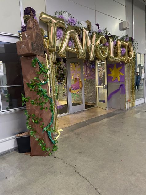 Disney Themed Hallway Decorations, Tangled Formal Theme, Tangled Theme School Dance, Tangled Hoco Decorations, Tangled Themed Parking Spots, Once Upon A Prom Theme, Fairytale Homecoming Float, Disney Dance Decorations, Once Upon A Time Hoco Theme