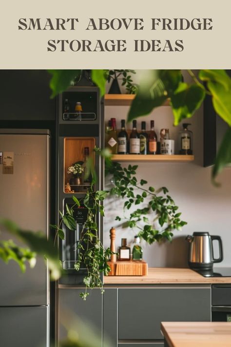 Explore effective above fridge storage ideas to organize and utilize overhead space in your kitchen effectively. This pin presents 1 stylish image showing functional decor for a clutter-free cooking area. Ideas Above Refrigerator, Cookbooks Above Fridge, Open Space Above Fridge, Side Of Fridge Decor Ideas, What To Do With Space Above Refrigerator, Ideas For Space Above Refrigerator, How To Store Cookbooks, Top Of Refrigerator Storage Ideas, Above The Refrigerator Ideas