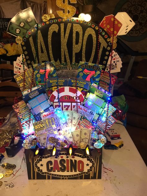 Christmas Tree Lottery Tickets, Las Vegas Gift Basket Ideas, Lottery Gift Basket Ideas, Casino Gift Basket Ideas, Lottery Basket Raffle Ideas, Vegas Themed Gift Basket, Lucky Gift Basket, Casino Theme Gift Basket, Poker Gift Basket