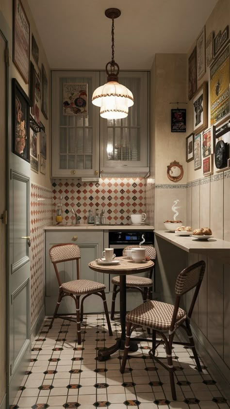 Small Parisian Kitchen, Parisian Kitchen, Small Kitchen Design, Aesthetic Apartment, Red Kitchen, Tiny Kitchen, Apartment Kitchen, Style At Home, Dream Apartment