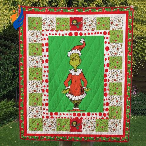 Grinch Merry Christmas Quilt Blanket Happy Grinch, Grinch Quilt, Grinch Merry Christmas, Quilted Christmas Gifts, Tigger Winnie The Pooh, Border Ideas, Blanket Quilt, Pabst Blue Ribbon, Quilted Gifts