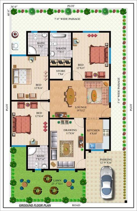 Amazing Beautiful House Plans With All Dimensions - Engineering Discoveries 40x60 House Plans, 30x50 House Plans, Rumah Moden, South Facing House, 20x40 House Plans, 30x40 House Plans, 2bhk House Plan, Three Bedroom House Plan, Pelan Rumah