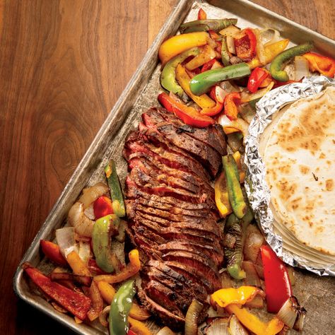 One sheet pan is all you need to make this delicious and filling fajita bake. Fajita Bake Recipe, Easy Sheet Pan Fajitas, Sheet Pan Beef, Fajita Bake, Week Night Recipes, Michigan Recipes, Sheet Pan Steak, Sheet Pan Fajitas, Pan Fajitas