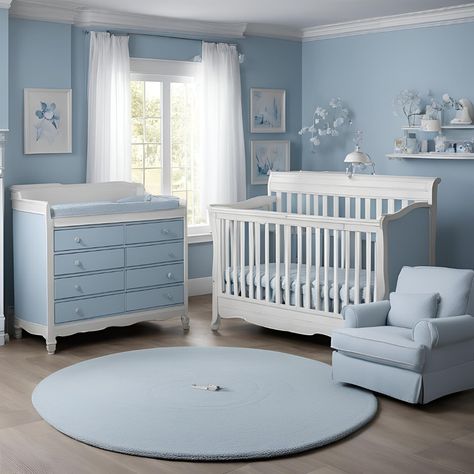 Sweet Dreams Start Here ! This cozy nursery is a perfect haven for a newborn. The crib is dressed in soft white bedding, and the plush rug adds a touch of comfort. The natural light from the window bathes the space in a warm glow. How would you personalize your dream nursery? #nurserydreams #sweetdreamsbaby Light Blue Walls Nursery, Calming Blue Nursery, Light Blue Nursery Gender Neutral, Nursery Light Blue, Gender Neutral Nursery Blue Walls, Light Blue Nursery, Newborn Room, Sweet Dreams Baby, Sofa Design Wood